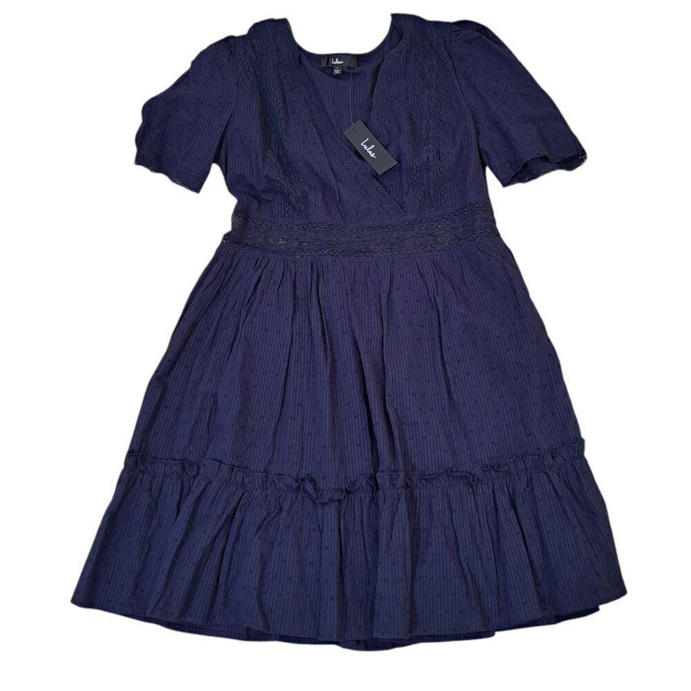 Lulus Poised and Perfect Navy Blue Lace Short Sleeve Mini Dress Sz Large - Picture 2 of 9